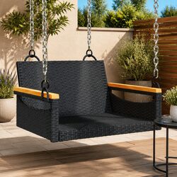 Durable Black Poly Rattan Swing Bench for Outdoor Relaxation
