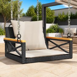 Durable Black Swing Bench with Cushions for Outdoor Relaxation