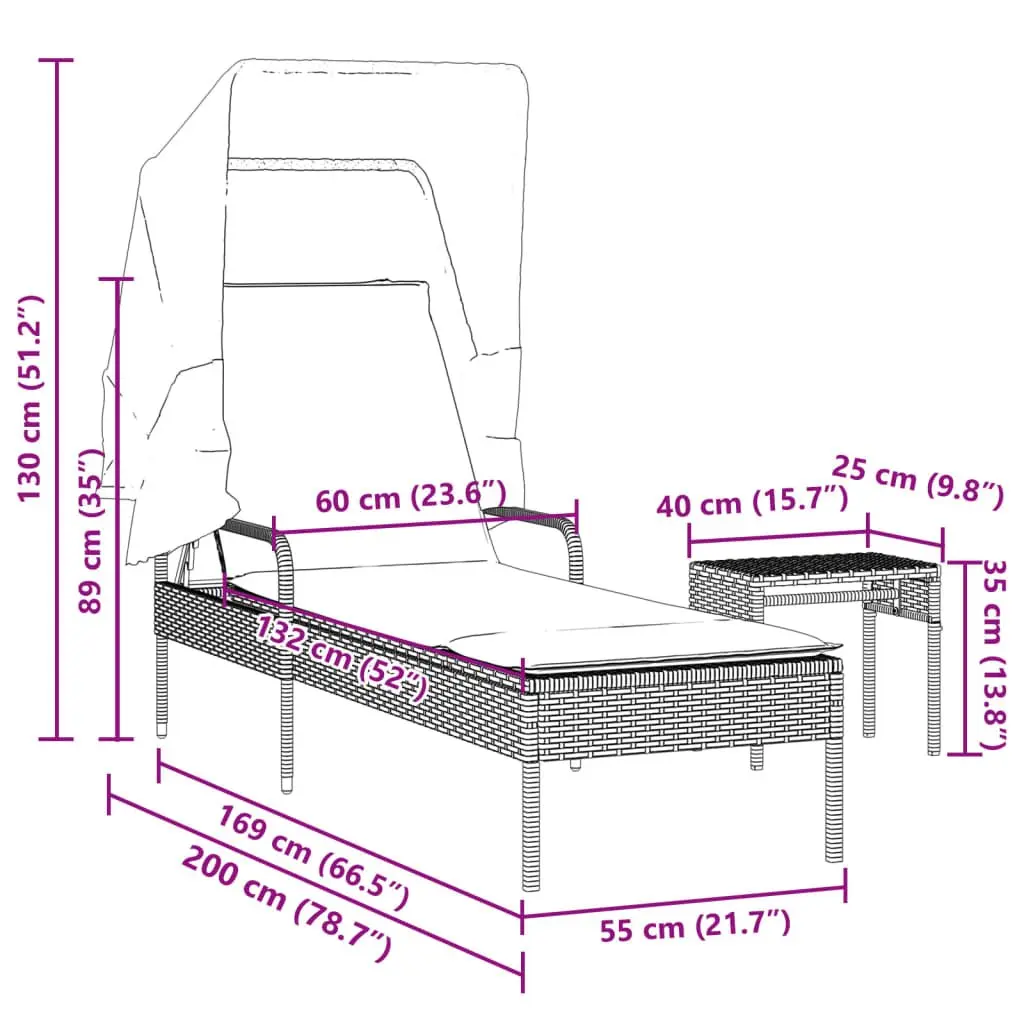 Adjustable Backrest Sun Lounger with Canopy and Table Outdoor