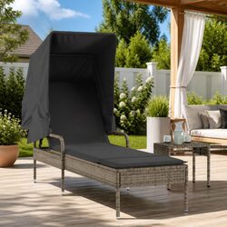 Grey Outdoor Sun Lounger with Canopy and Tea Table