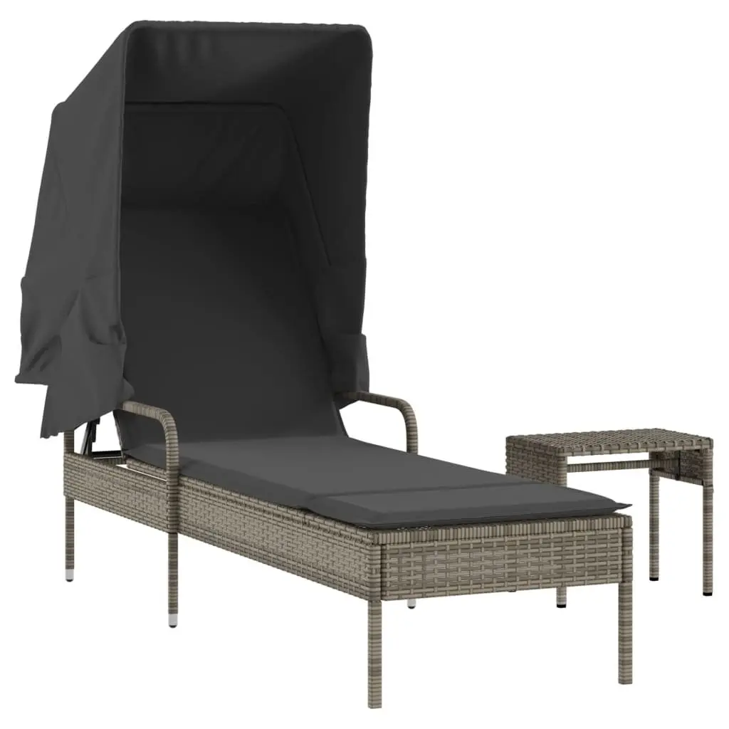 Sun Lounger PE Rattan Adjustable Backrest Grey Outdoor with Canopy and Tea Table