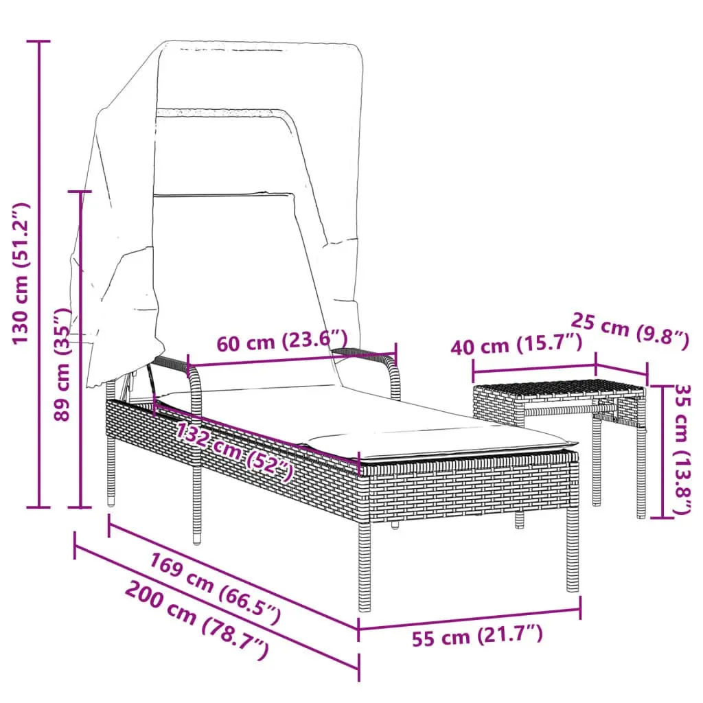 Sun Lounger PE Rattan Adjustable Backrest Grey Outdoor with Canopy and Tea Table