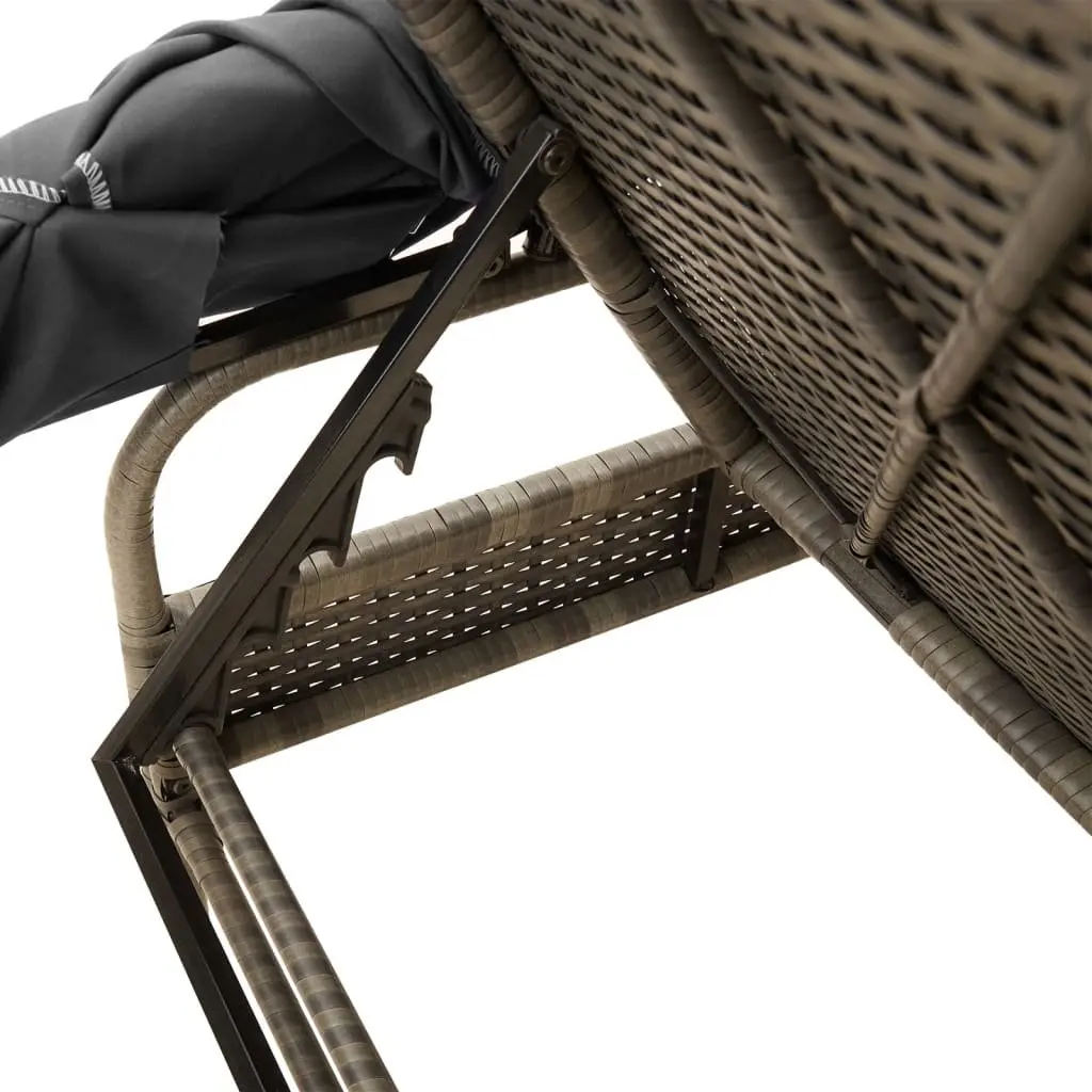 Sun Lounger PE Rattan Adjustable Backrest Grey Outdoor with Canopy and Tea Table