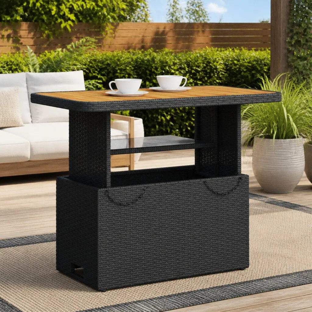 Garden Table Acacia Wood PE Rattan Powder-coated Steel 90x55x71cm Black