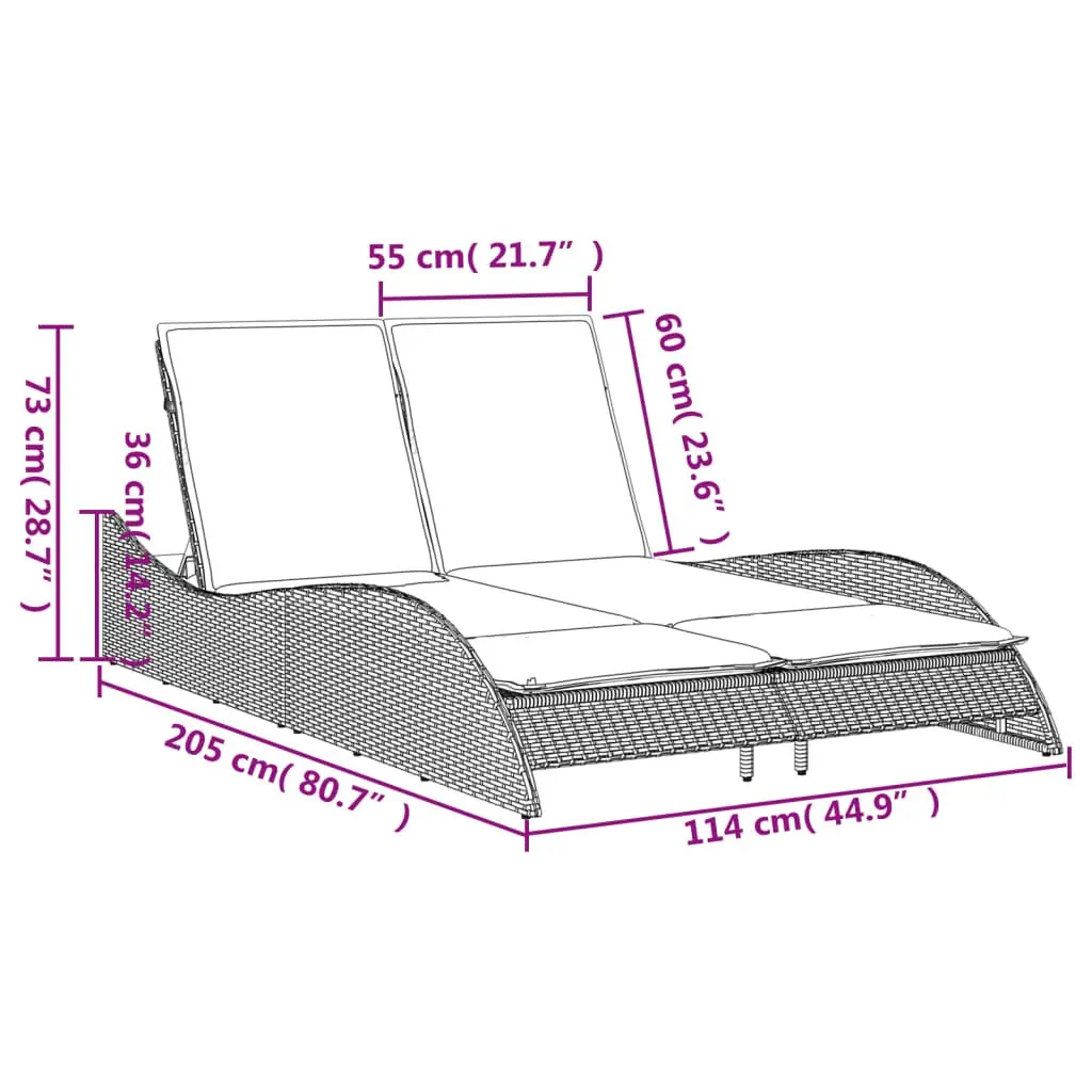 Sun Lounger PE Rattan Adjustable Backrest 114L x 205W x 73H cm Black