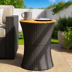 Drum Shape Black Poly Rattan Garden Side Table with Acacia Wood Top