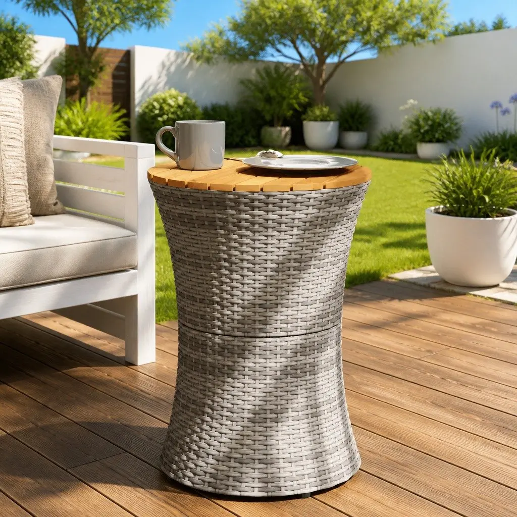 Drum-Shaped Grey Garden Side Table with Wood Top