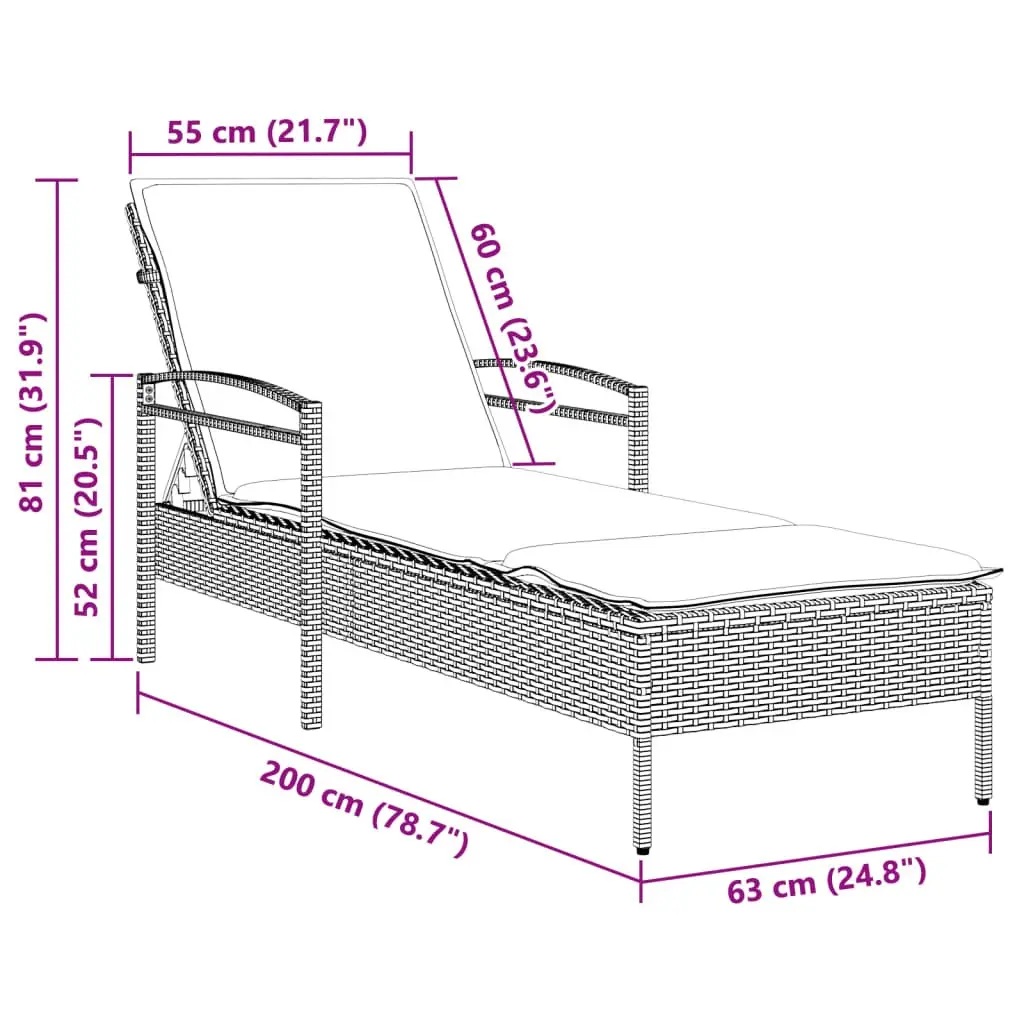 Sun Lounger PE Rattan Adjustable Backrest Garden Lounge Chair Grey