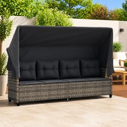 Durable Grey Poly Rattan Sun Lounger with Canopy