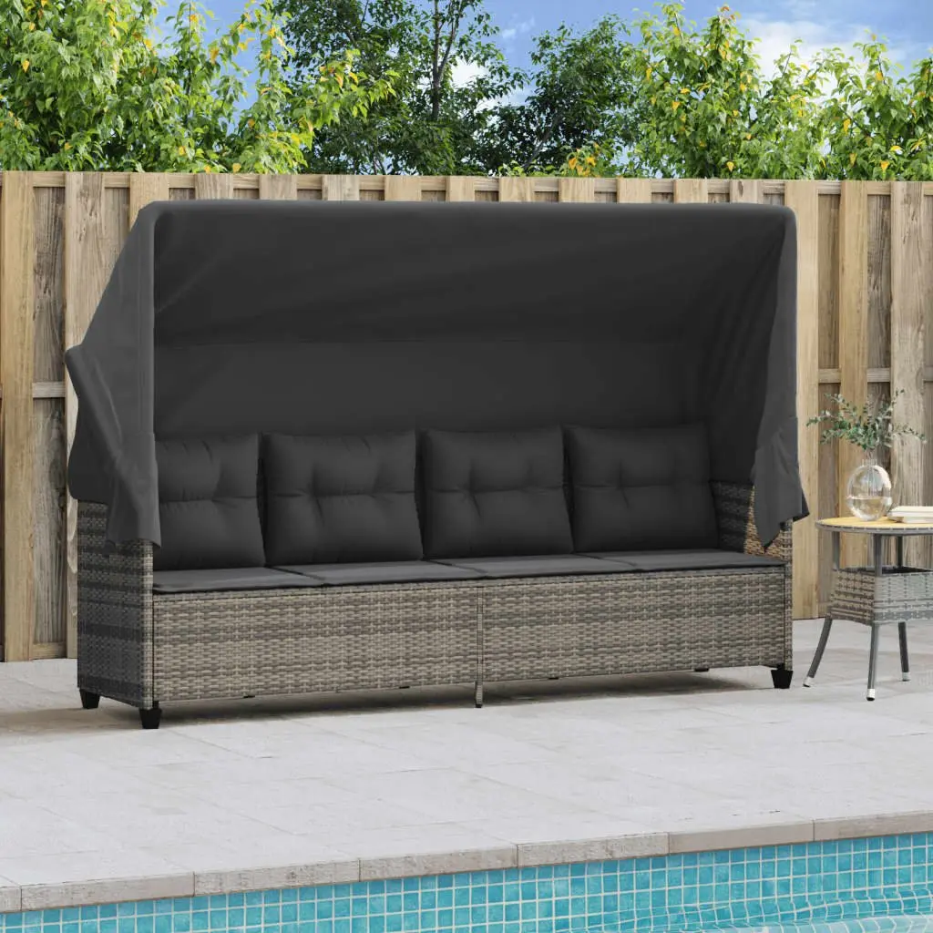 Grey Poly Rattan Sun Lounger with Canopy