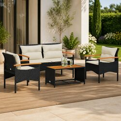 Sturdy 4 Piece Garden Sofa Set with Cushions in Black