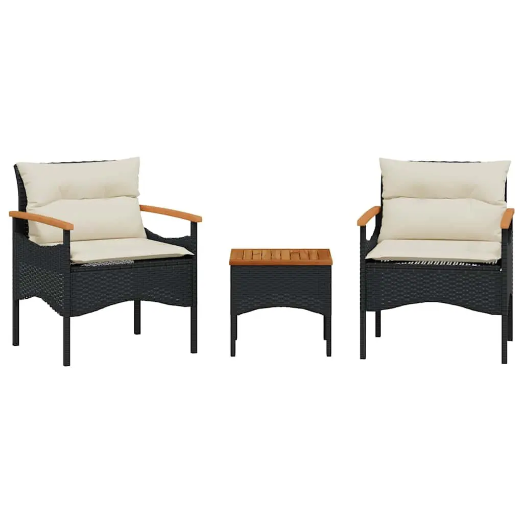 3 Piece Outdoor Garden Sofa Set PE Rattan Acacia Wood Black