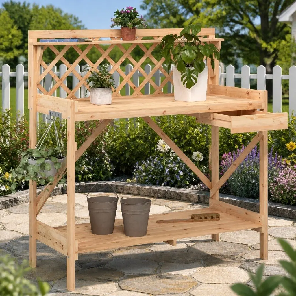 Potting Bench with Trellis and Metal Hooks