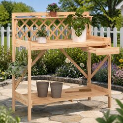 Durable Potting Bench with Trellis and Metal Hooks