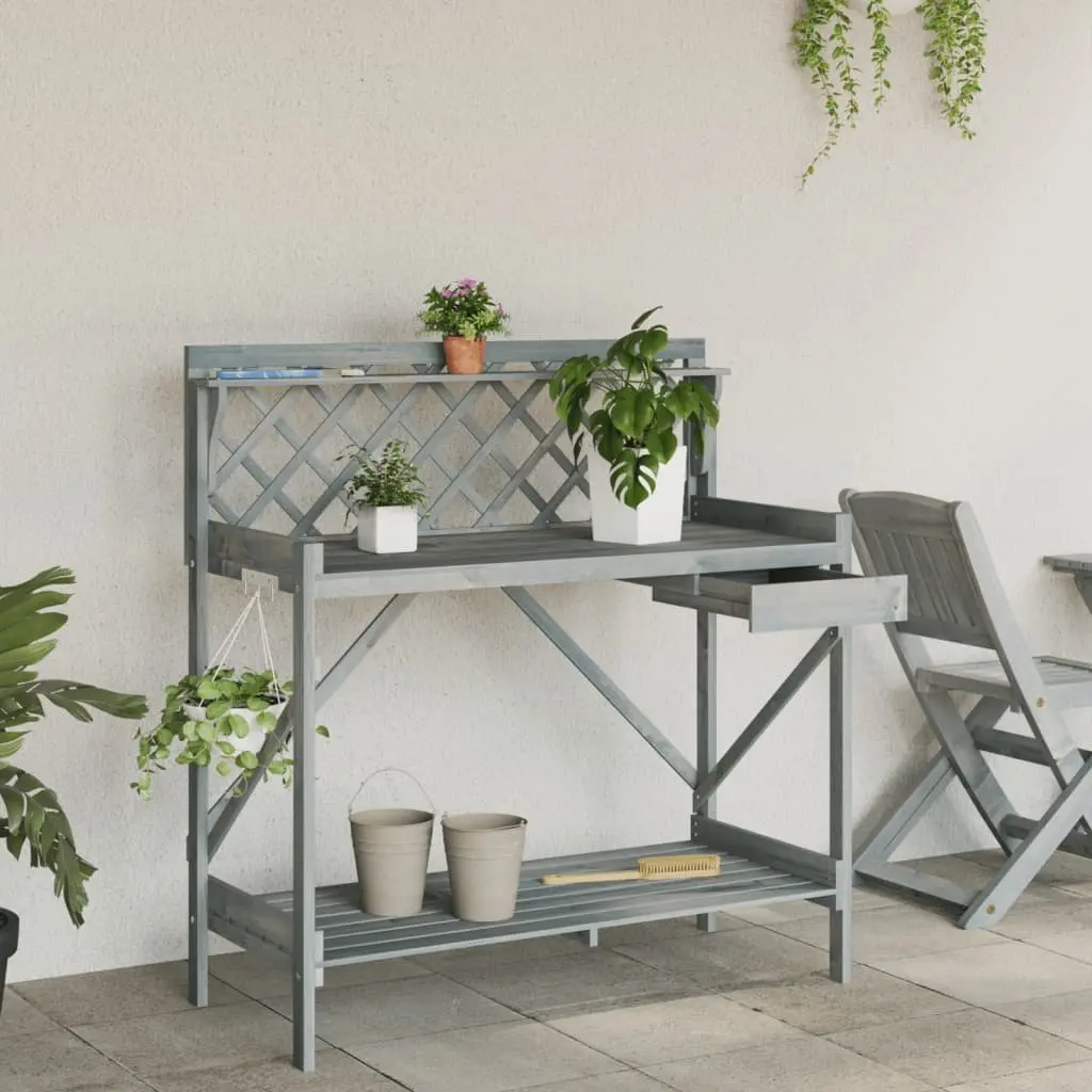 Potting Bench with Trellis Grey Solid Wood Fir Garden Plant Stand Workbench