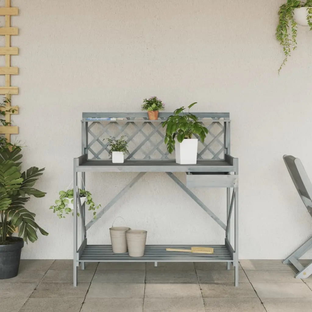 Potting Bench with Trellis Grey Solid Wood Fir Garden Plant Stand Workbench