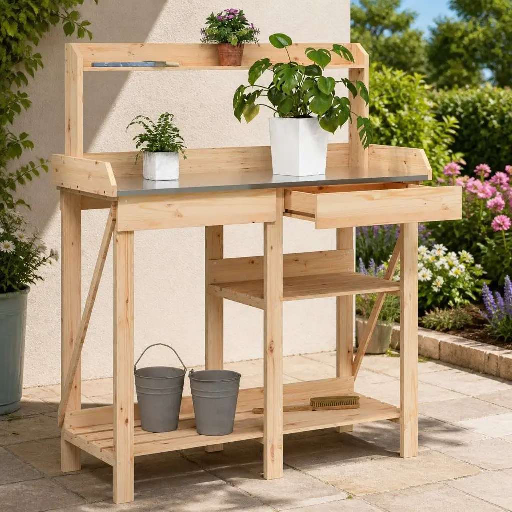 Solid Wood Potting Bench with Shelves and Drawer