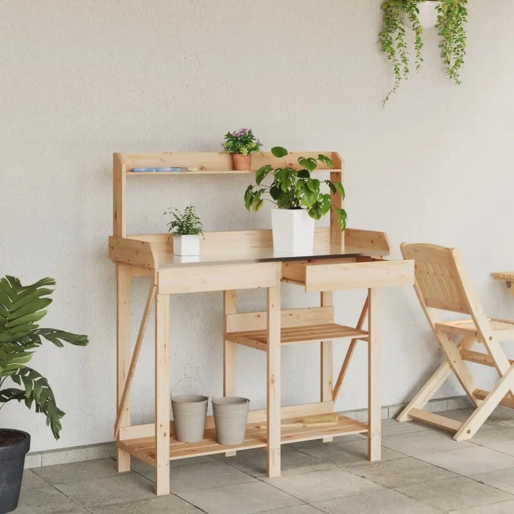 Solid Wood Potting Bench with Shelves and Drawer