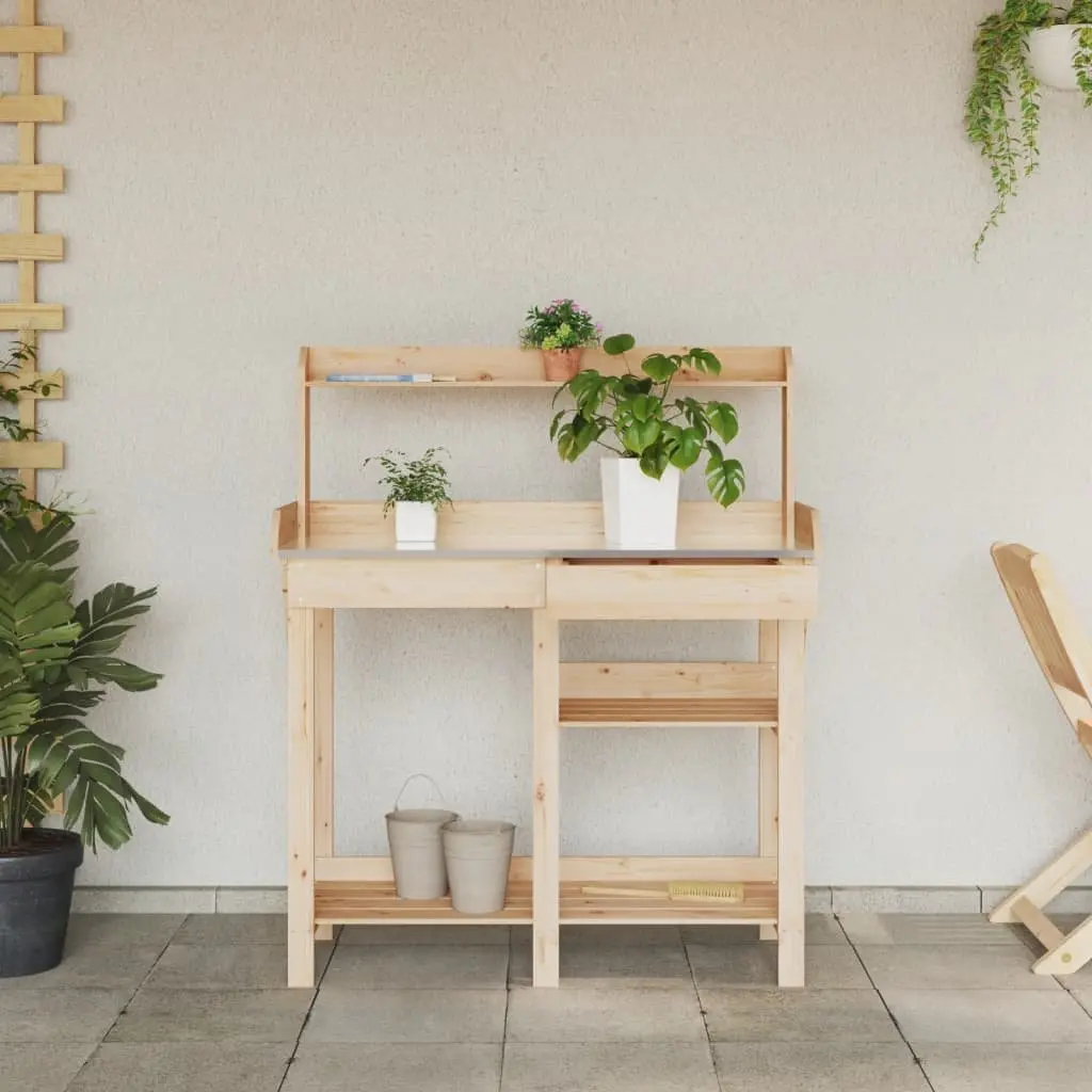 Solid Wood Potting Bench with Shelves and Drawer