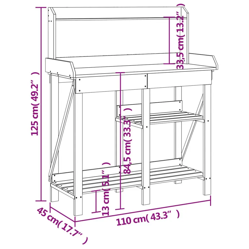 Solid Wood Potting Bench with Shelves and Drawer