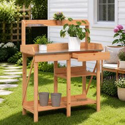 Potting Bench with Shelves Brown Solid Wood Fir Garden Plant Stand Work Table