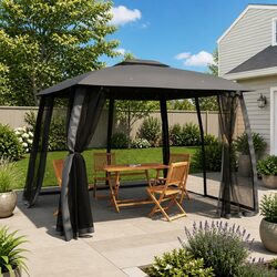 Sturdy Gazebo Canopy with Double Roof and Mesh Walls