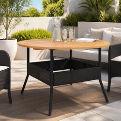 Black Round Patio Dining Table with PE Rattan and Wood