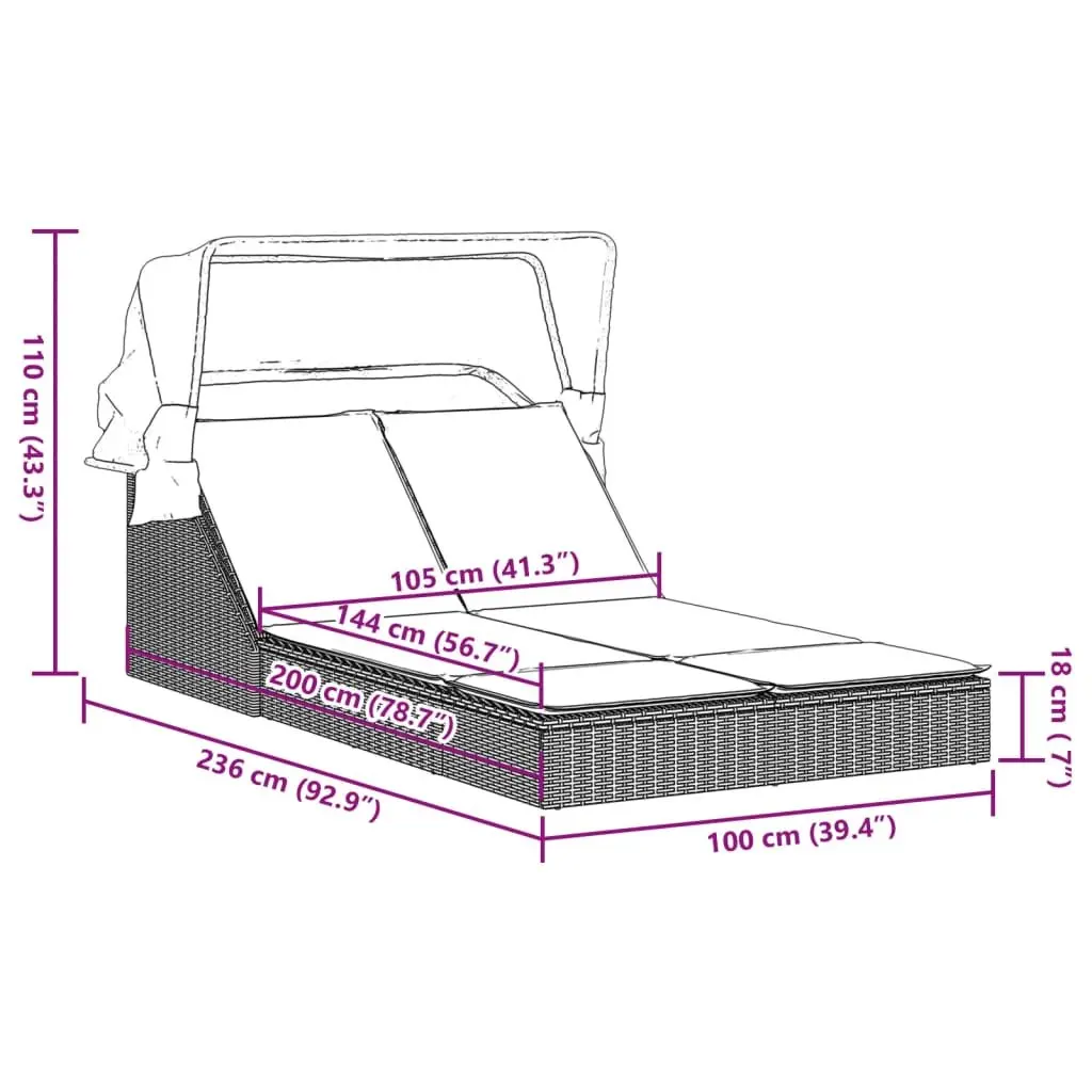 Double Sun Lounger with Adjustable Backrest and Canopy