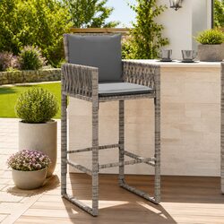 Durable Grey Poly Rattan Outdoor Bar Stools with Cushions