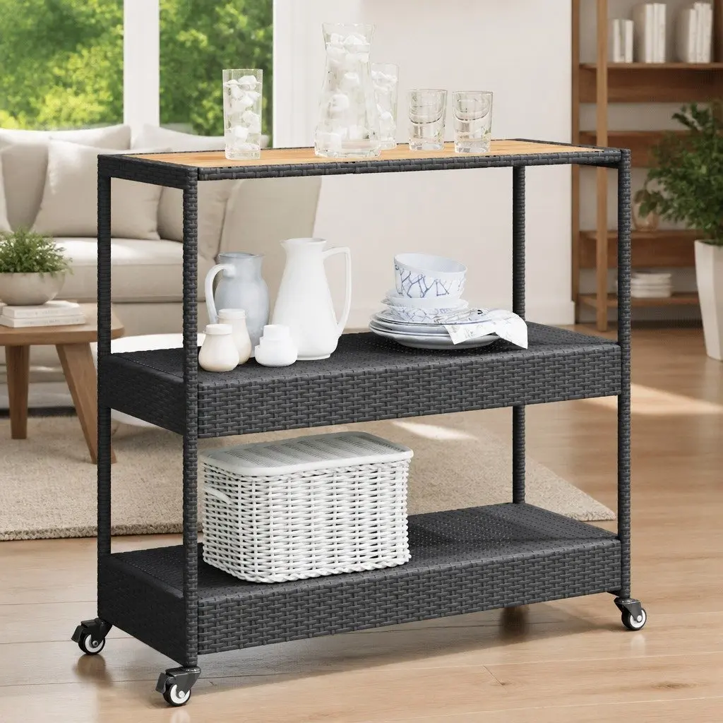 3-Tier Bar Cart Poly Rattan Acacia Wood Top Black