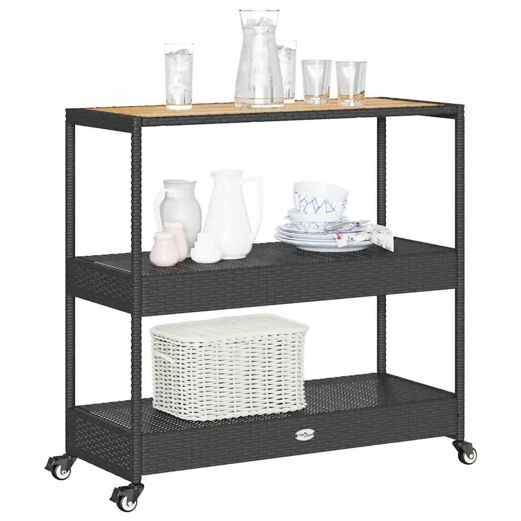3-Tier Bar Cart Poly Rattan Acacia Wood Top Black