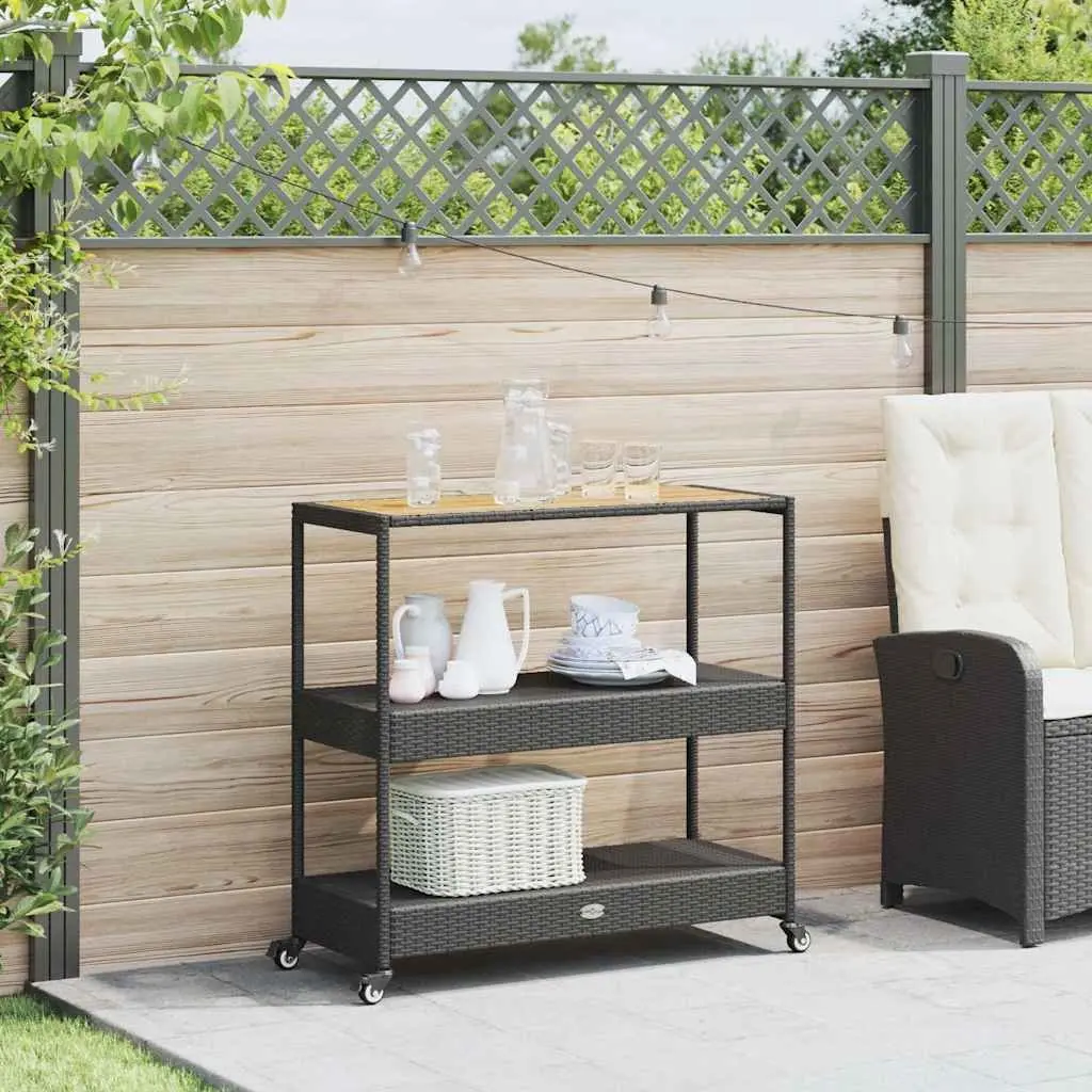 3-Tier Bar Cart Poly Rattan Acacia Wood Top Black