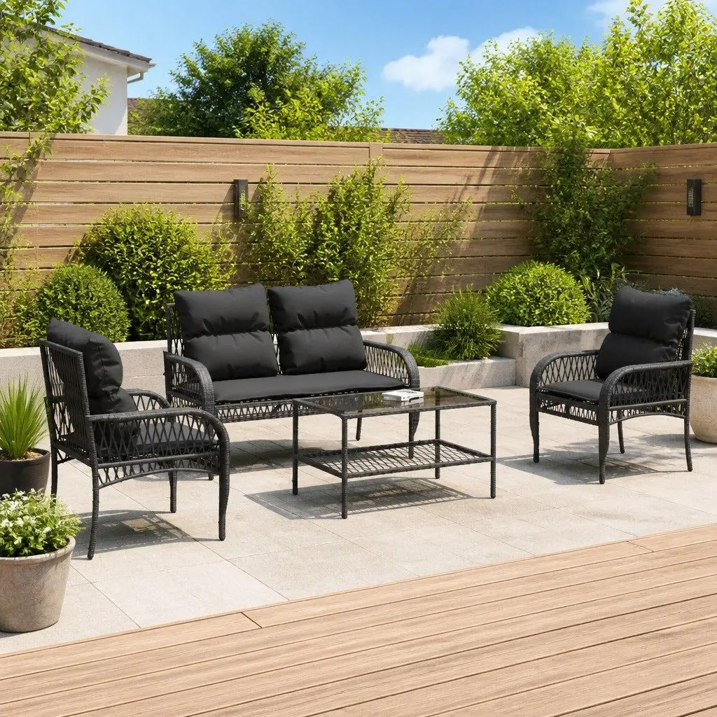 4 Piece Black Poly Rattan Garden Sofa Set