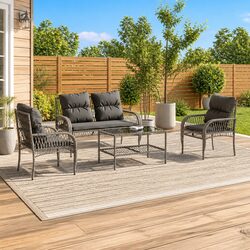 Durable 4 Piece Grey Rattan Garden Sofa Set with Cushions
