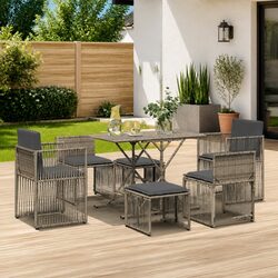 7 Piece Grey Poly Rattan Outdoor Dining Set with Cushions