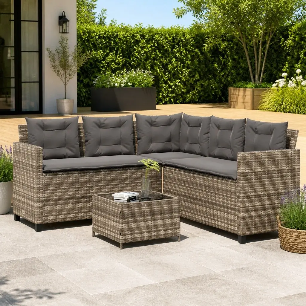 L-Shaped Garden Sofa Set PE Rattan Grey with Steel Frame and Tempered Glass Table