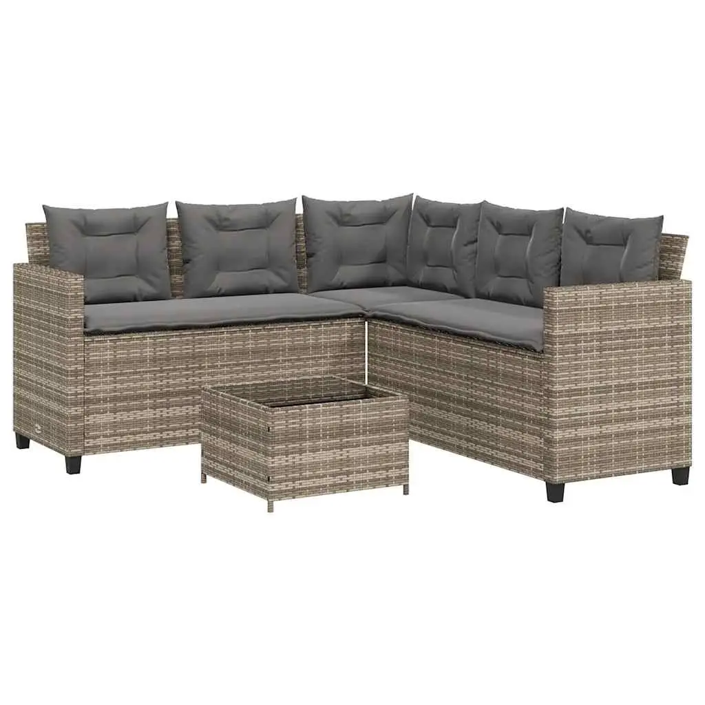 L-Shaped Garden Sofa Set PE Rattan Grey with Steel Frame and Tempered Glass Table