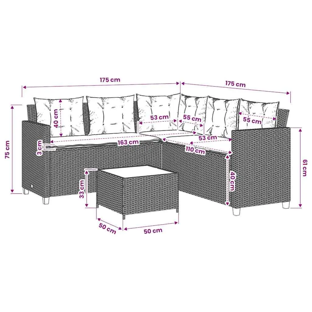 L-Shaped Garden Sofa Set PE Rattan Grey with Steel Frame and Tempered Glass Table