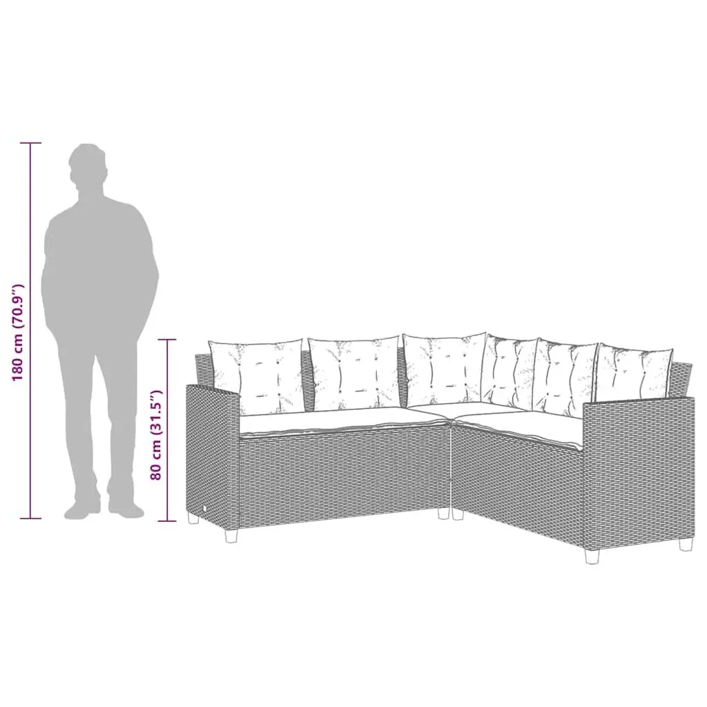 L-Shaped Garden Sofa Set PE Rattan Grey with Steel Frame and Tempered Glass Table
