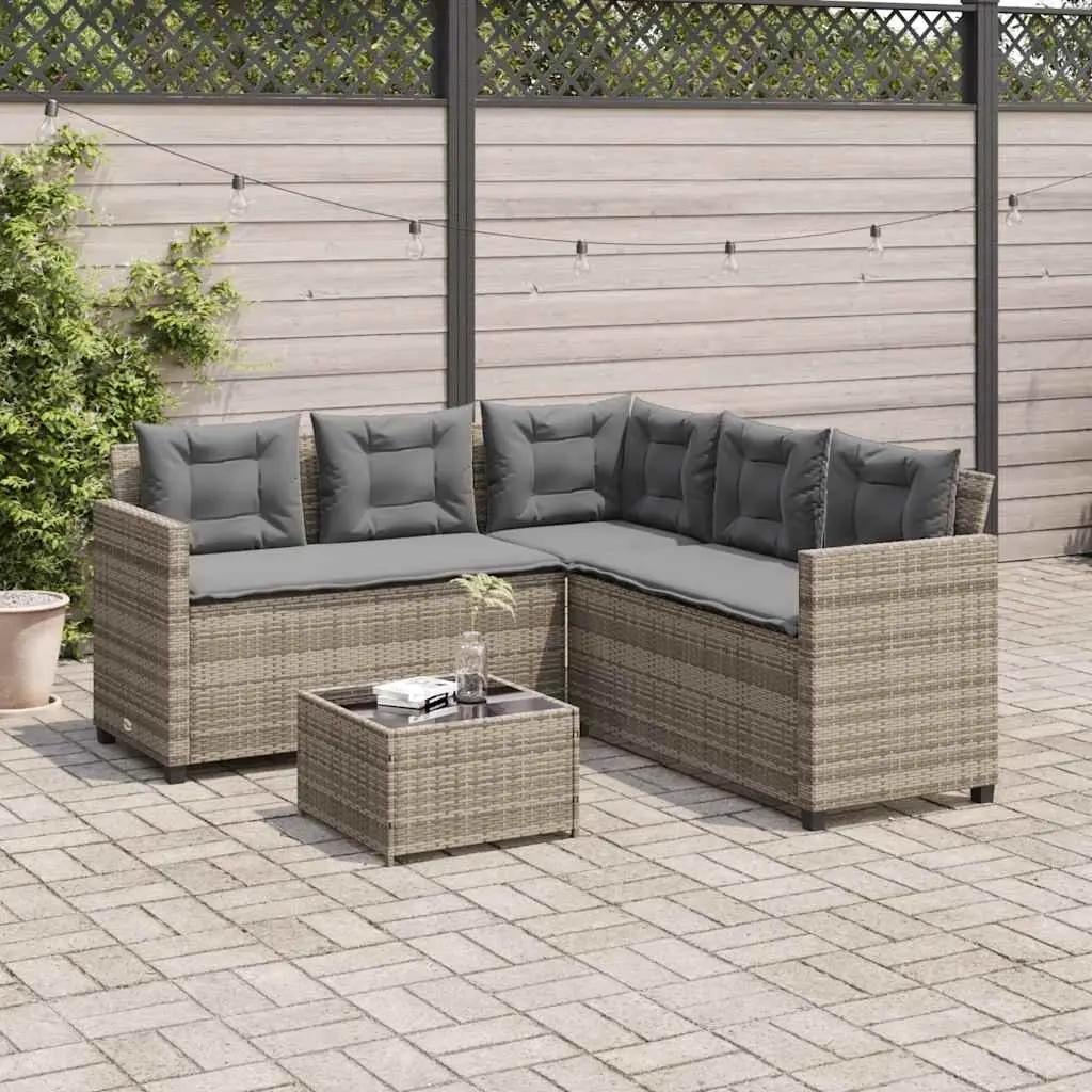 L-Shaped Garden Sofa Set PE Rattan Grey with Steel Frame and Tempered Glass Table