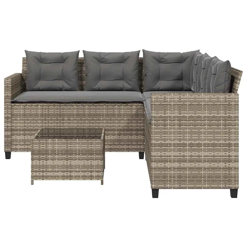 L-Shaped Garden Sofa Set PE Rattan Grey with Steel Frame and Tempered Glass Table