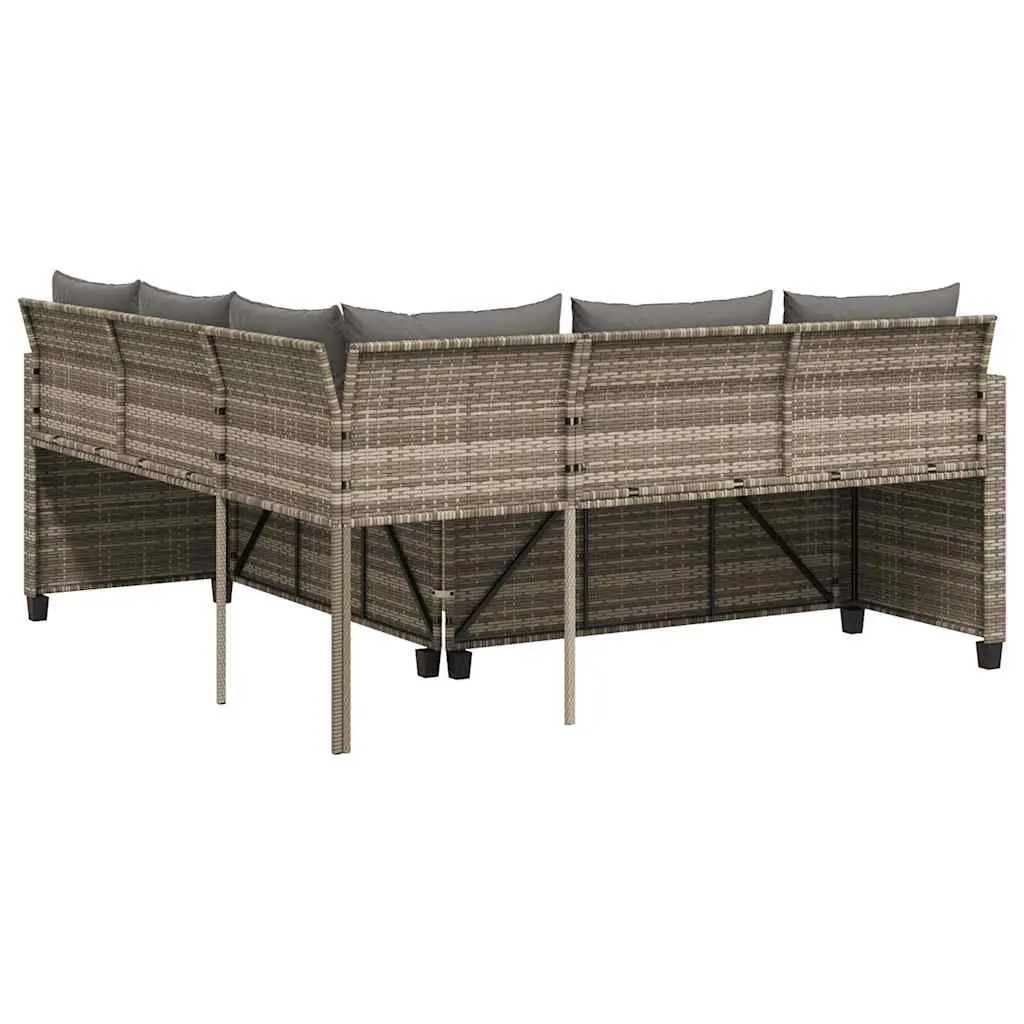 L-Shaped Garden Sofa Set PE Rattan Grey with Steel Frame and Tempered Glass Table