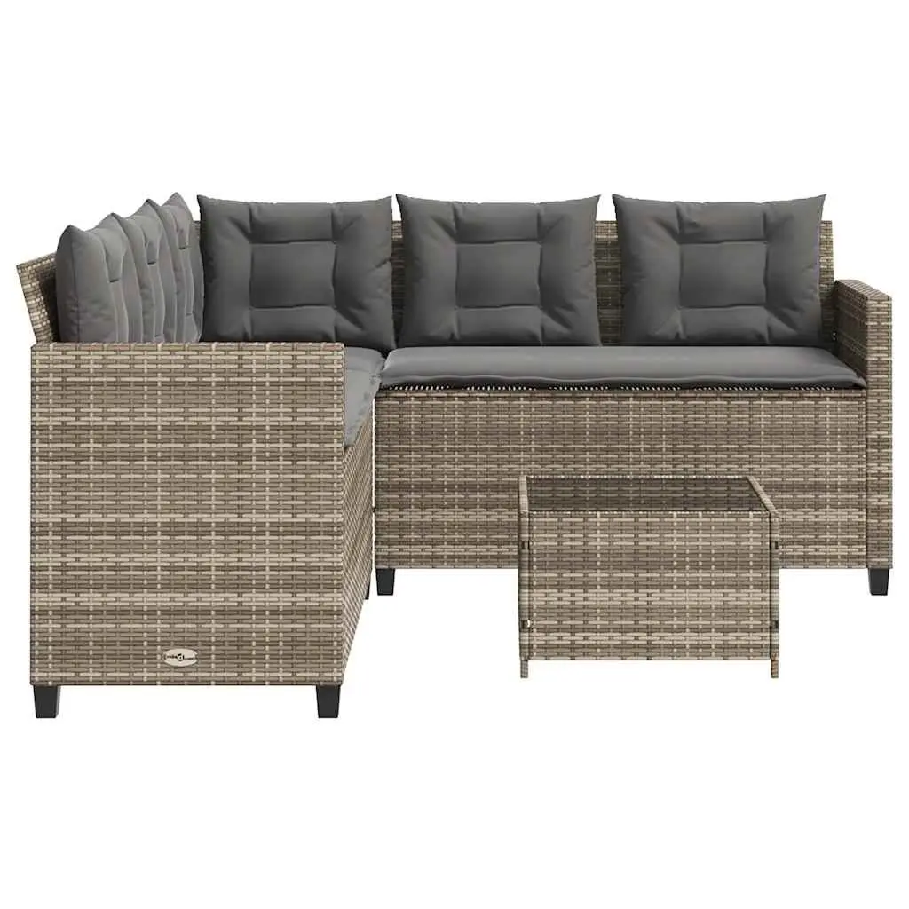 L-Shaped Garden Sofa Set PE Rattan Grey with Steel Frame and Tempered Glass Table