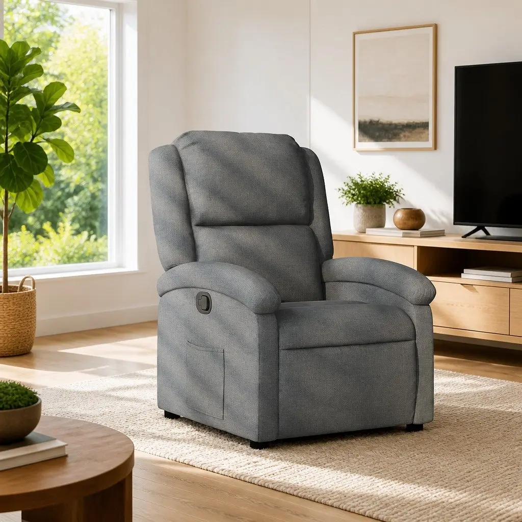 Recliner Chair Fabric Grey Manual Recline Armchair Lounge Seat Footrest