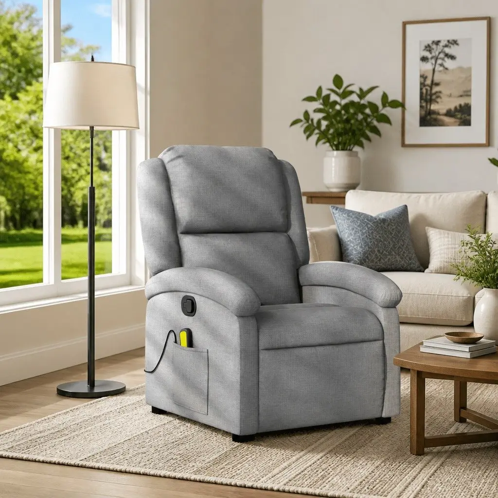 Massage Recliner Chair Fabric Light Grey Manual Reclining 135 Degrees Vibration 6 Points