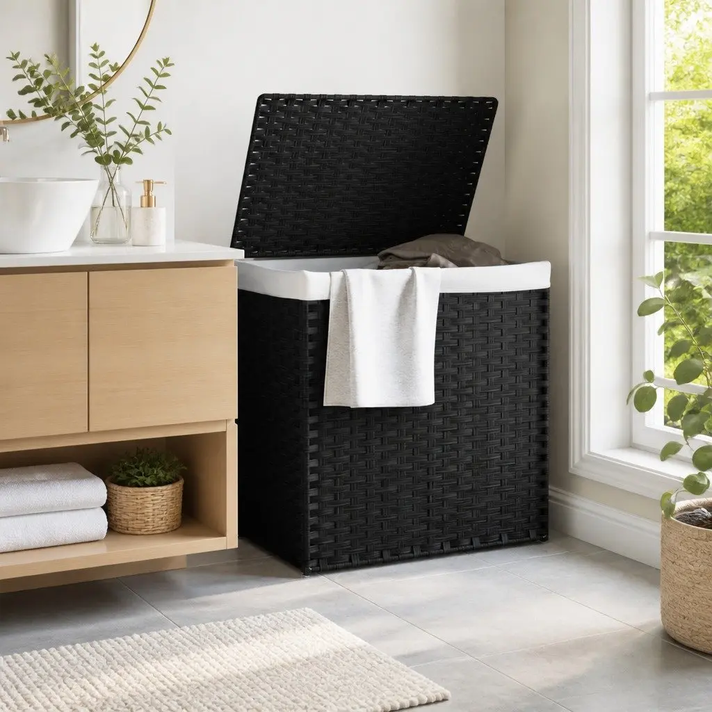 Laundry Basket with 2 Sections Foldable Poly Rattan Hamper Lid Removable Bag