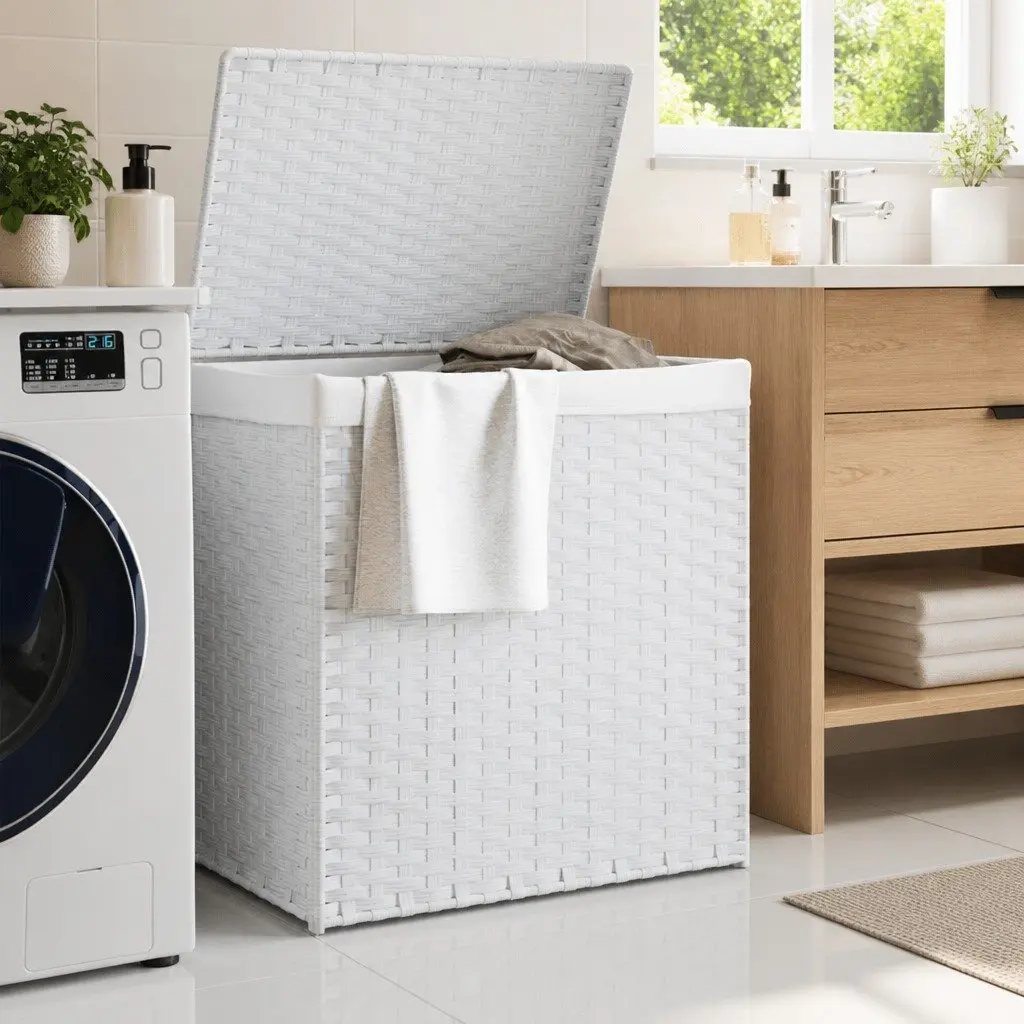 White Poly Rattan Laundry Basket with 2 Compartments