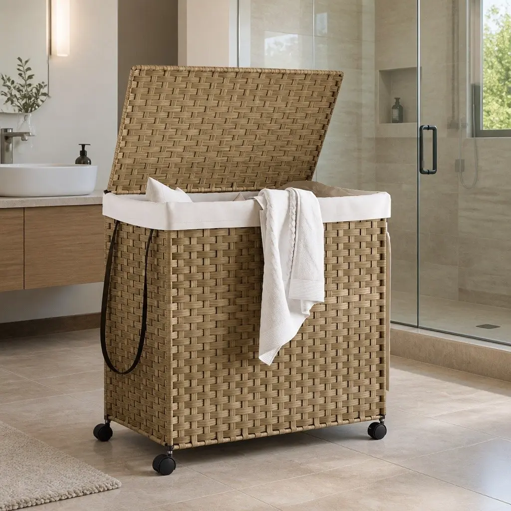 Rattan Laundry Basket with Wheels Brown 60x35x60.5cm 3 Compartments