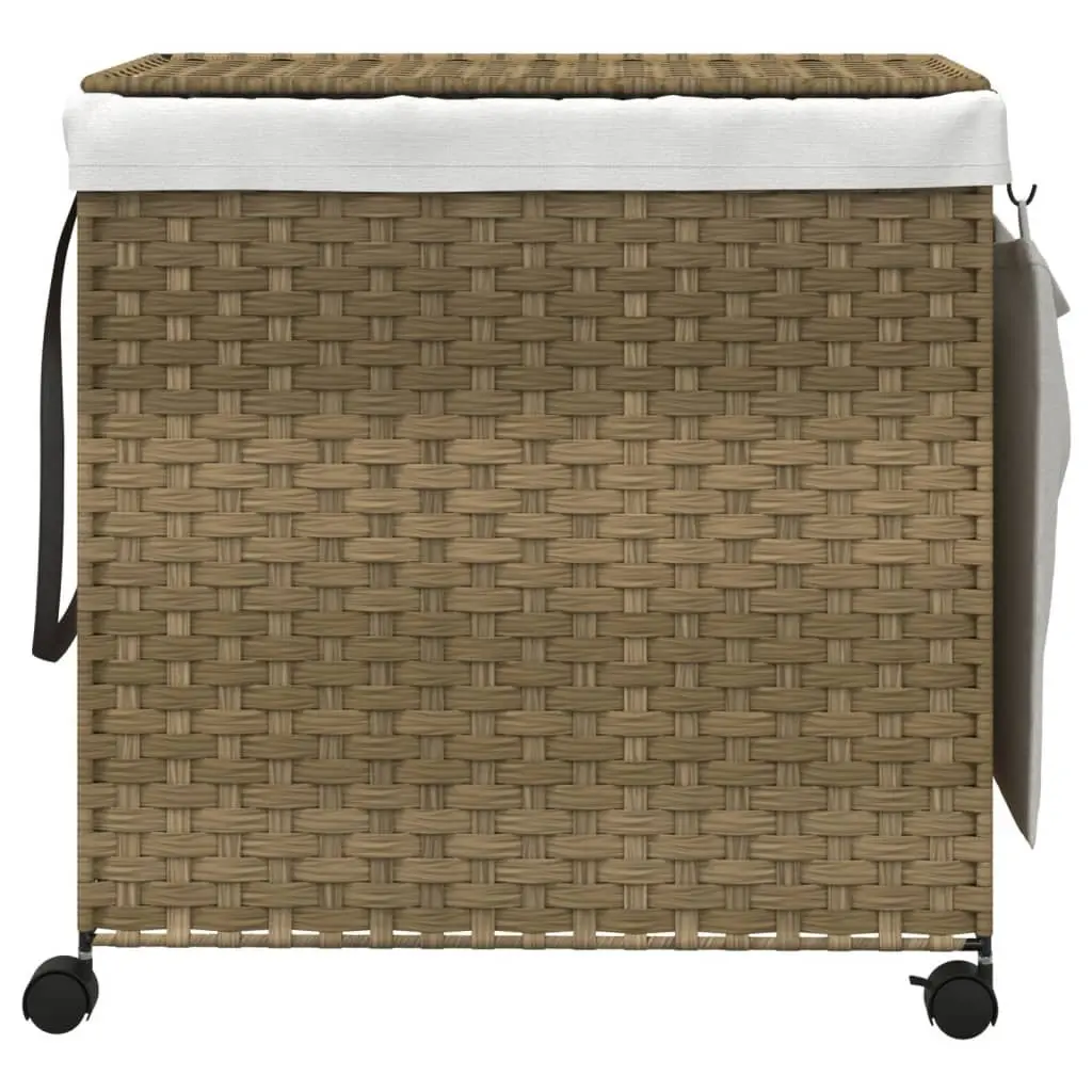 Rattan Laundry Basket with Wheels Brown 60x35x60.5cm 3 Compartments