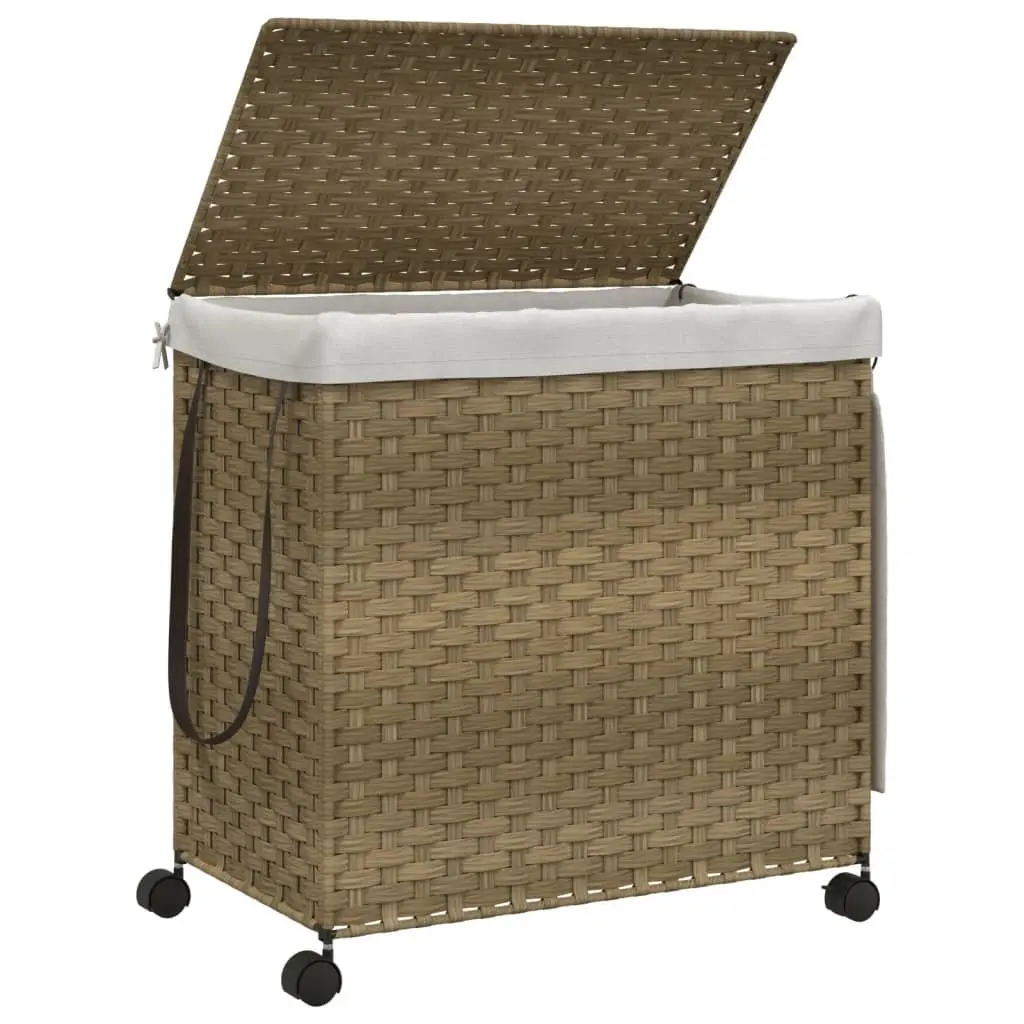 Rattan Laundry Basket with Wheels Brown 60x35x60.5cm 3 Compartments